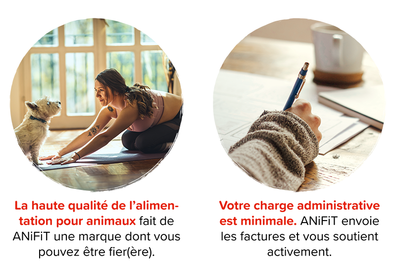 Illustration des affirmations selon lesquelles il s'agit d'aliments pour animaux de compagnie de haute qualité et que la charge administrative est minime.